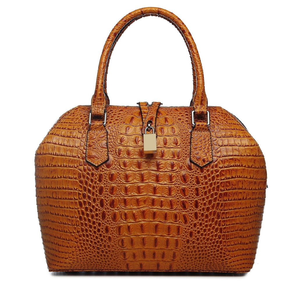 Diane Croc Embossed Tote Leather Handbag - Brown