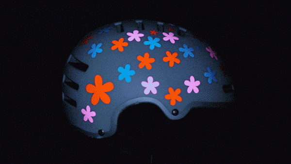 RydeSafe Reflective Flower Stickers on a customized Lazer Helmet