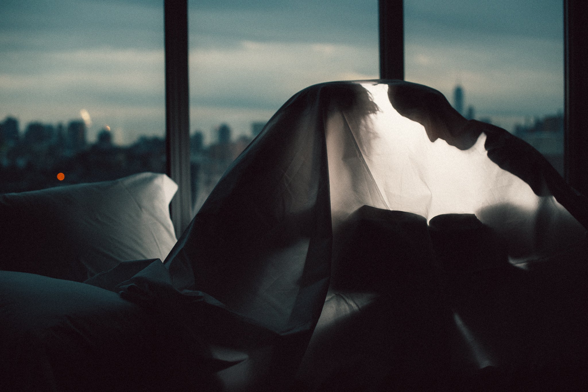 Couple under a blanket reading, a picture window with a cityscape behind them