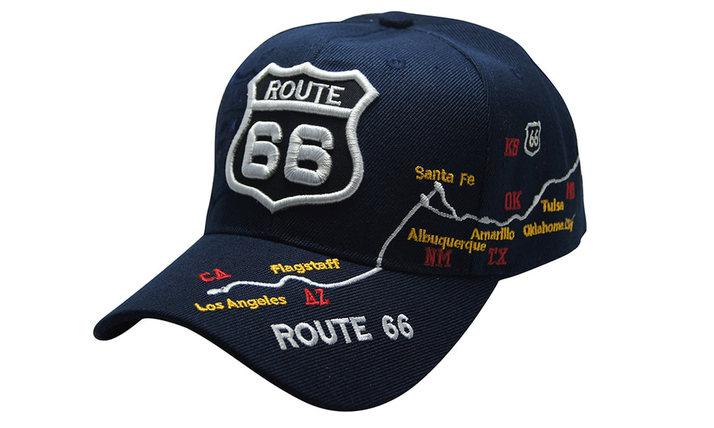 Famous Route 66 Motorcar and Map Cap/Hat Adjustable Back 3D Embroidery