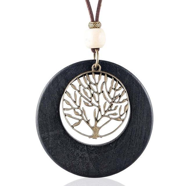 cambioprcaribe Black Life Tree Geometric Wooden Pendant Necklace