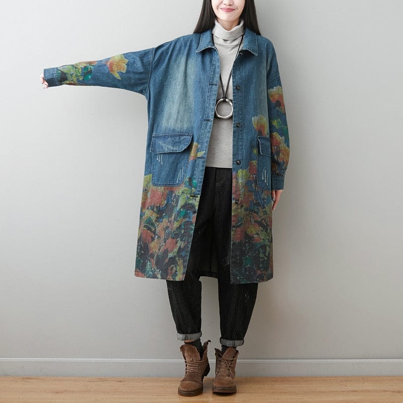 cambioprcaribe Blue / One Size / China Oversized Floral Denim Coat