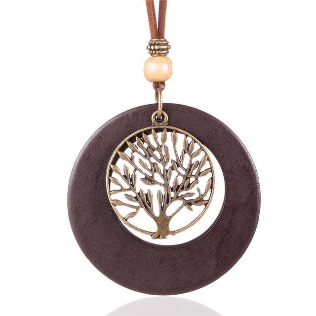 cambioprcaribe Brown Life Tree Geometric Wooden Pendant Necklace