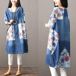 cambioprcaribe Cardigans One Size / Blue Floral Patchwork Long Denim Cardigan