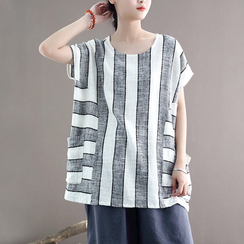 Cotton and Linen Oversized Striped T-Shirt