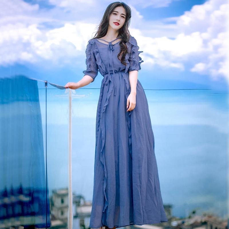 cambioprcaribe Dress Blue / L Boho Elegant Chiffon Maxi Dress | Mandala