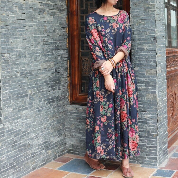 Vintage Floral Cotton Maxi Dress