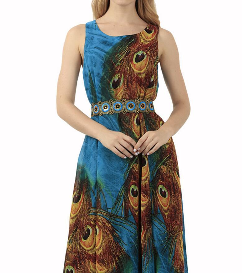 cambioprcaribe Dress Blue Peacock Chiffon Boho Maxi Dress