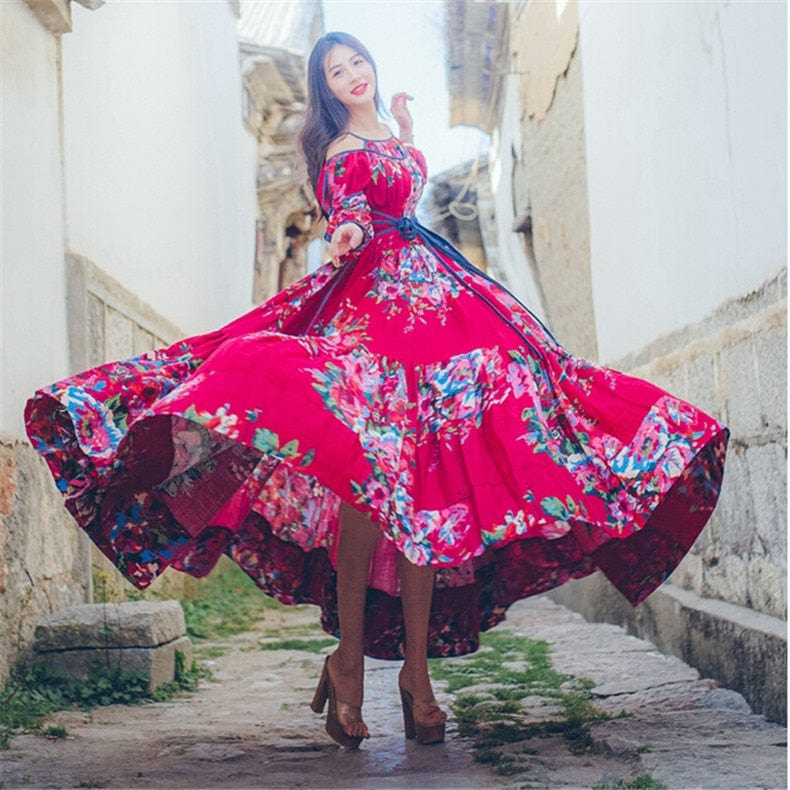 cambioprcaribe Dress Fit and Flare Red Floral Gypsy Dress | Mandala