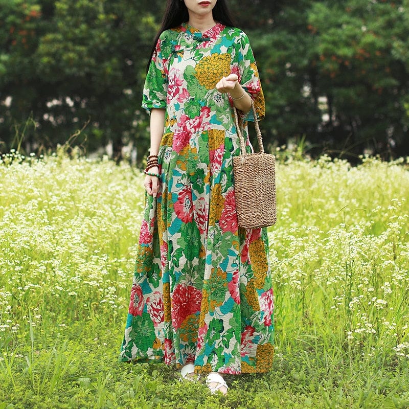 Floral Pleated Chinese Dress