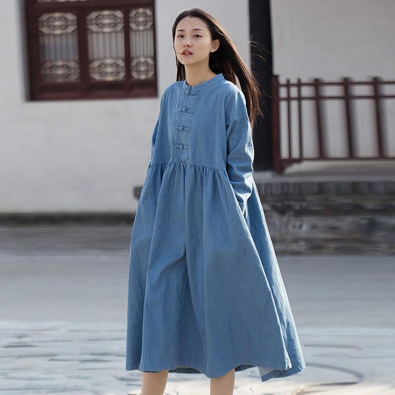 cambioprcaribe Dress Light blue / One Size Long Sleeve Mandarin Denim Midi Dress  | Zen