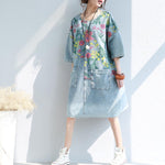 cambioprcaribe Dress Light Blue / One Size Loose Floral Printed Hippie Shirt Dress