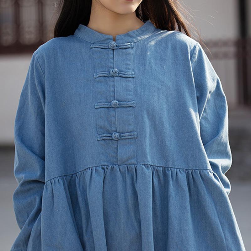 cambioprcaribe Dress Long Sleeve Mandarin Denim Midi Dress  | Zen