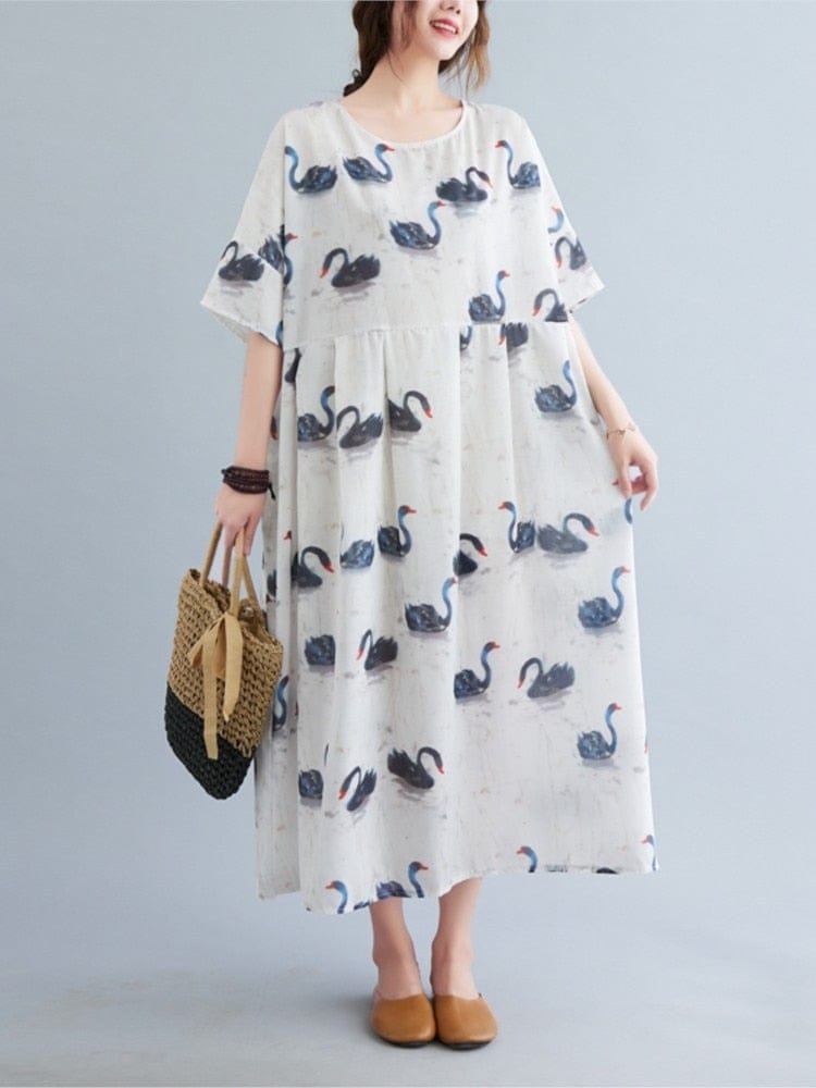 Loose Swans Print Midi Dress