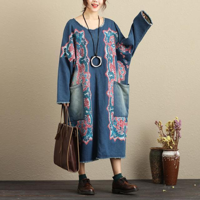 Flash Patchwork Denim Dress With Large Pockets