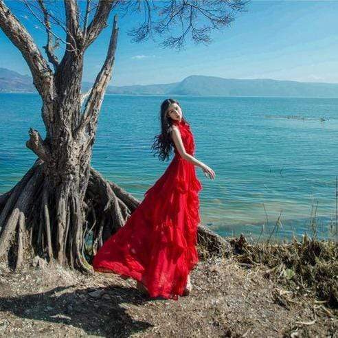 cambioprcaribe Dress Off Shoulder Big Red Chiffon Maxi Dress | Mandala