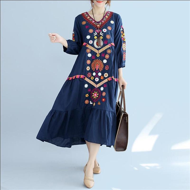 cambioprcaribe Dress One Size / Blue Brazilian Embroidery Bohemian Maxi Dress