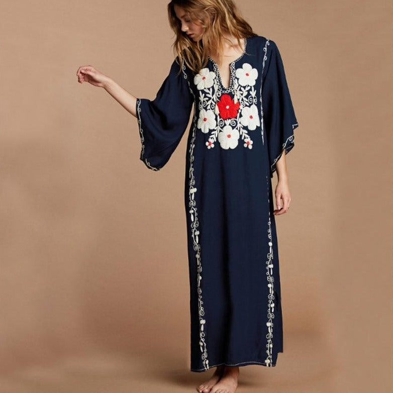 cambioprcaribe Dress One Size / Navy Blue Boho Chic Floral Embroidered Kaftan Dress