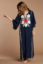 cambioprcaribe Dress One Size / Navy Blue Boho Chic Floral Embroidered Kaftan Dress