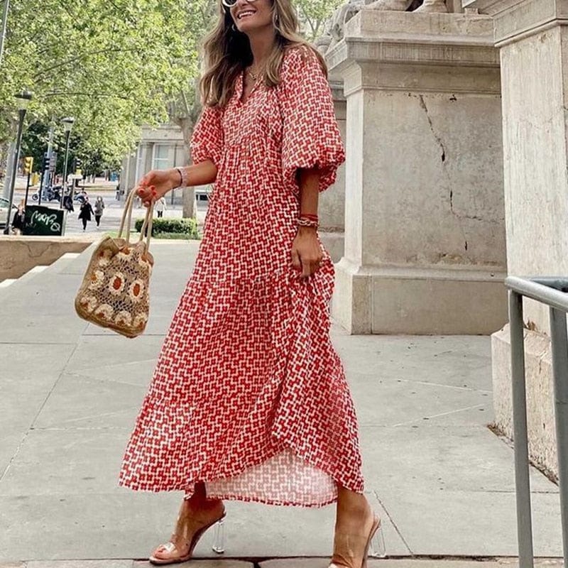 cambioprcaribe Dress Red / S Nathaly Boho Puff Sleeves Dress