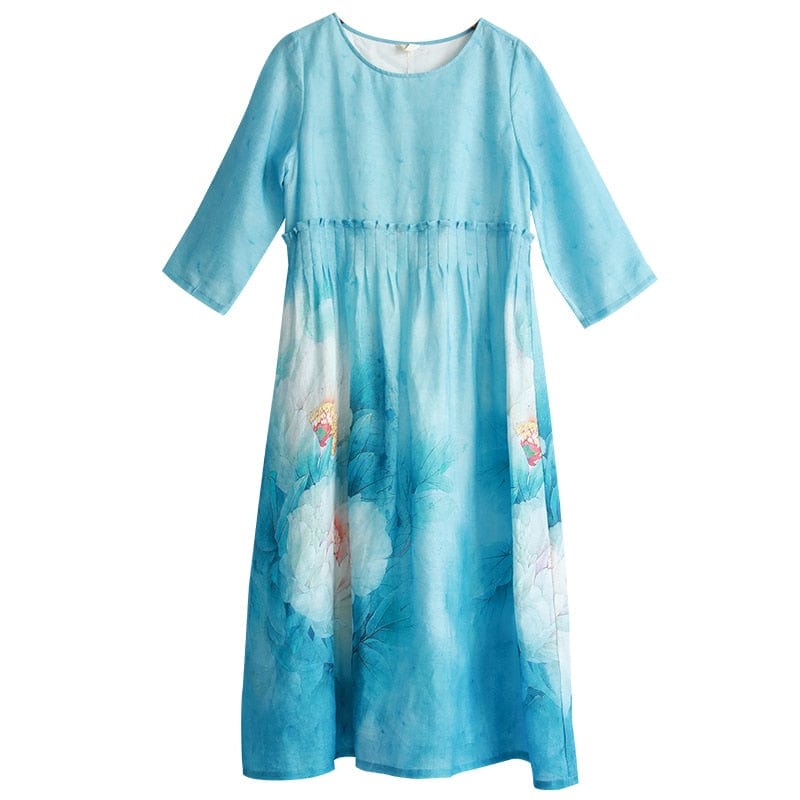 cambioprcaribe Dress Sky Blue / M Floral Boho Ramie Maxi Dress  | Zen