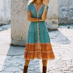 cambioprcaribe Dress Turquoise / 4XL Boho Hippie Floral Printed Midi Dress