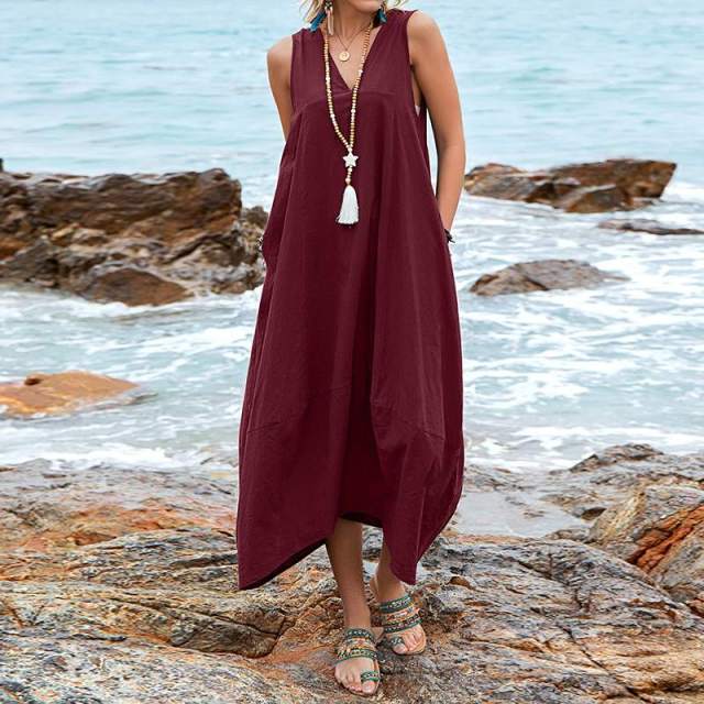 cambioprcaribe Dress Wine Red / L Casual V-neck Sleeveless Midi Dress