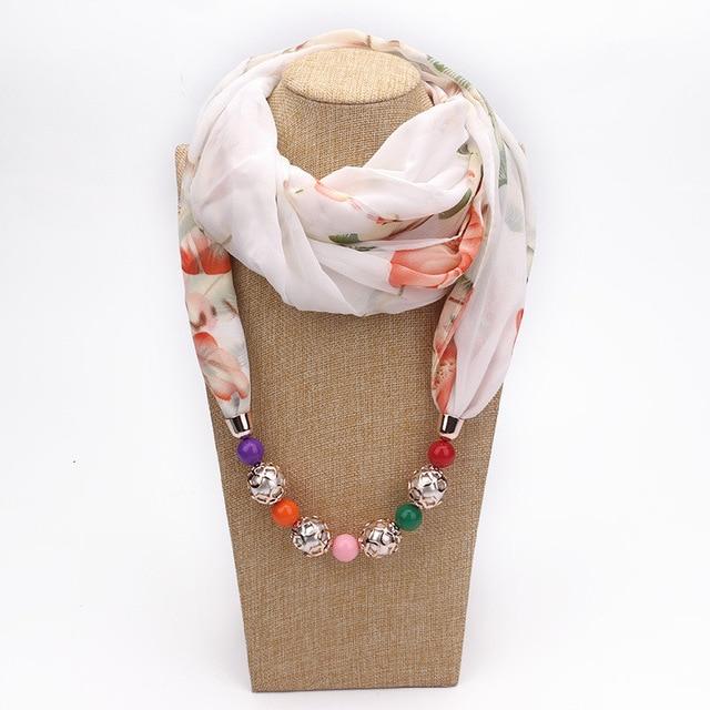 Elizabeth Floral White Chiffon Beaded Scarf Necklace