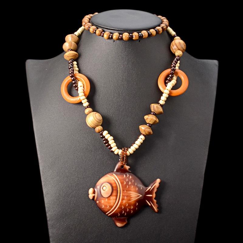 Fish Beaded Tribal Wooden Pendant Necklace
