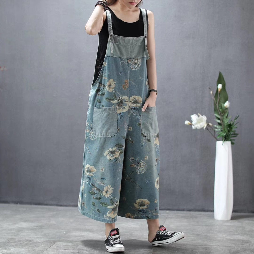 cambioprcaribe Floral Denim Overall Wide Leg Loose Floral Overall