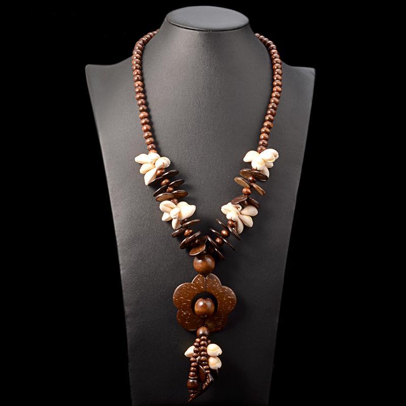 Flowers & Shells Long Wooden Statement Necklace
