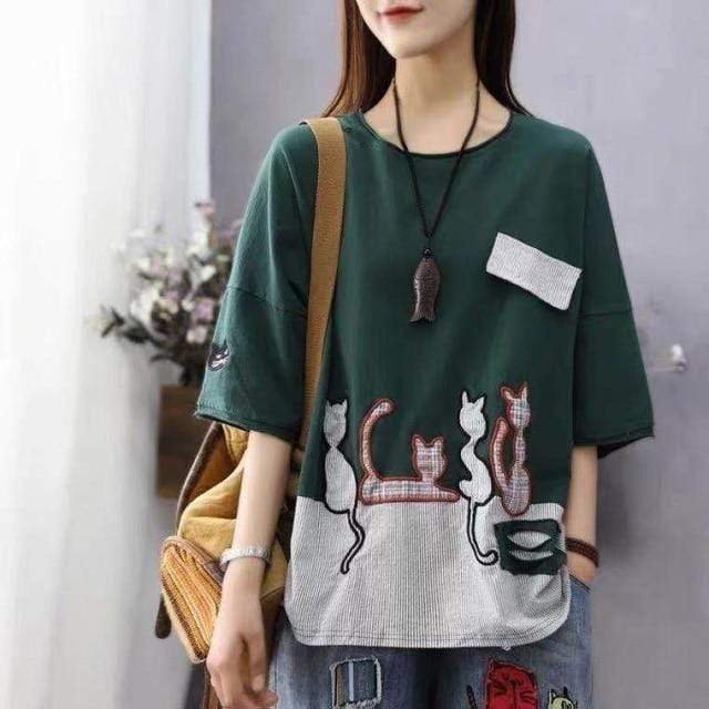 cambioprcaribe Green / One Size / China Cartoon Cat Loose Casual T-Shirts