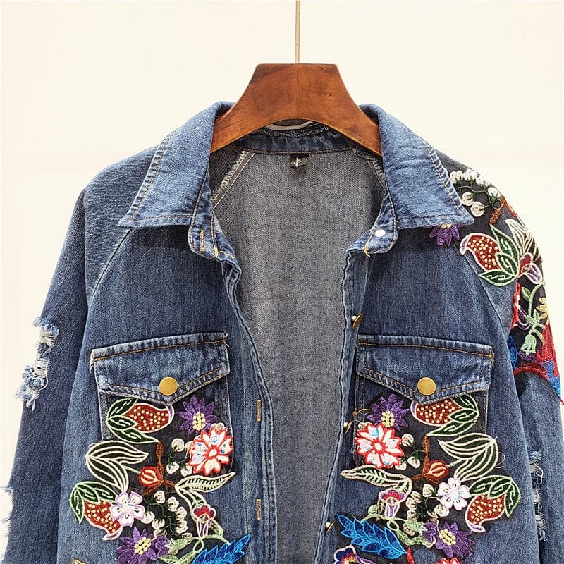 cambioprcaribe Jackets Bohemia Floral Embellished Denim Jacket