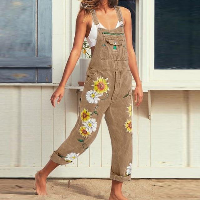 cambioprcaribe Khaki / XL Hippie Peace Floral Denim Overall