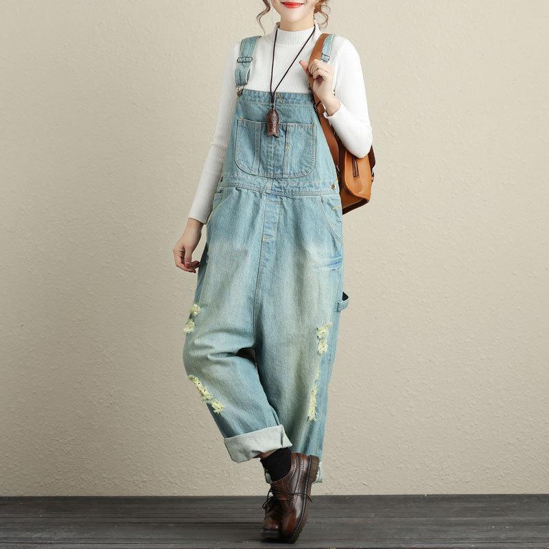 cambioprcaribe Light Blue / One Size Loose Ripped Denim Overall