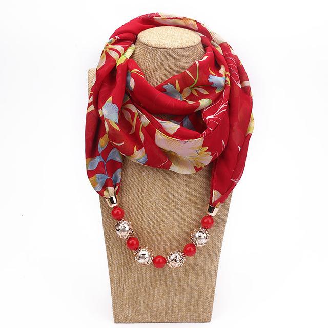 Margarita Floral Chiffon Red Beaded Scarf Necklace