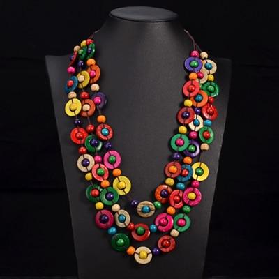 Boho Rainbow Wood Beads Statement Necklace