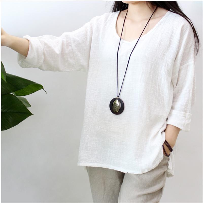 O Neck Long Sleeve Linen Shirt