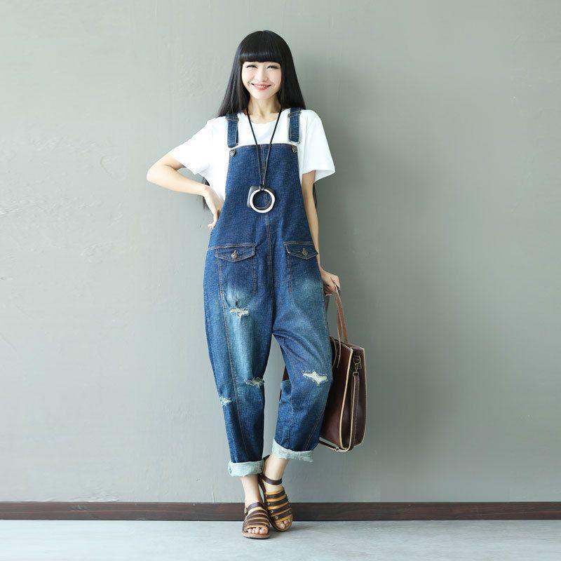 cambioprcaribe One Size / Blue Ripped Baggy Denim Overall