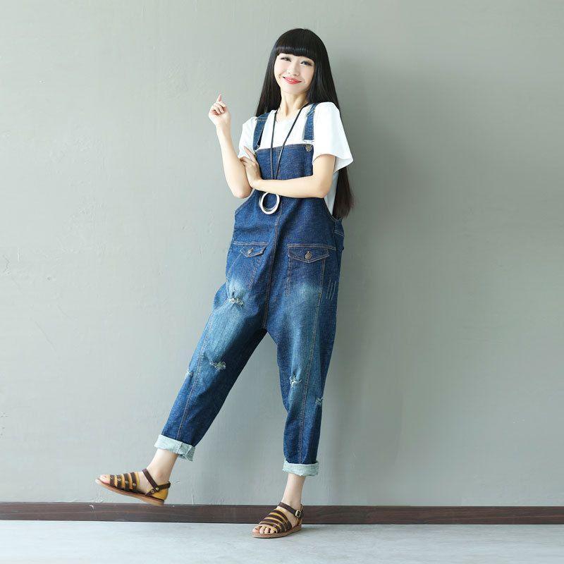 cambioprcaribe One Size / Blue Ripped Baggy Denim Overall