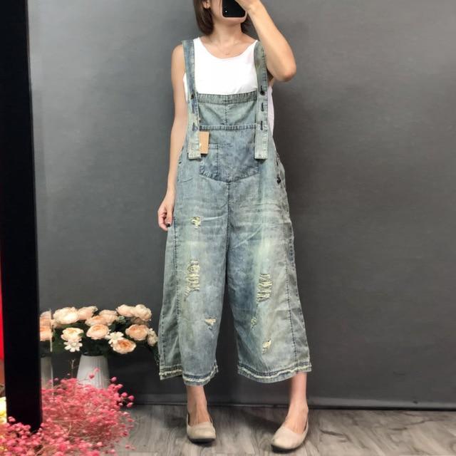 3/4 Length Boyfriend Ripped Denim Overall