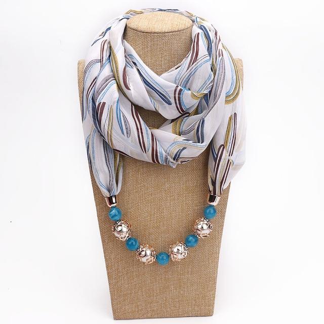 Abstract Leaves Chiffon Beaded Scarf Necklace