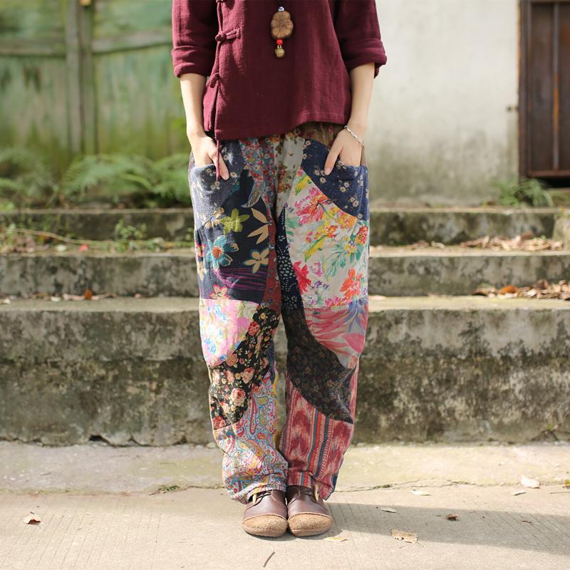 cambioprcaribe One Size / Multicolor Floral Patchwork Linen Hippie Pants