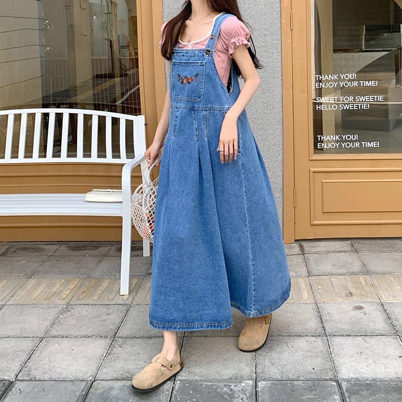 Blue Denim Midi Overall Dress