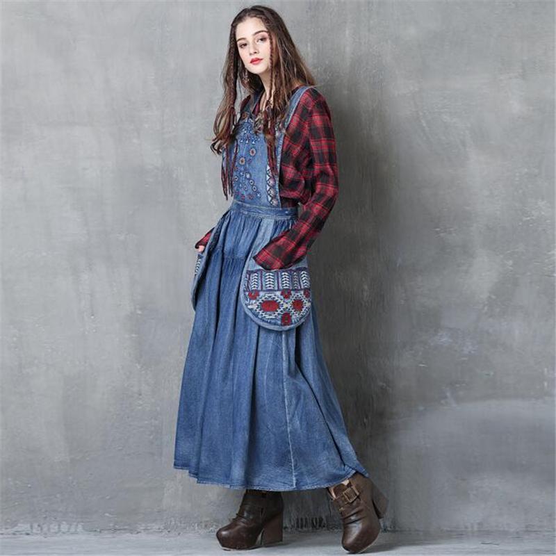 cambioprcaribe overall dress Long Denim Overall Dress with Large Pockets