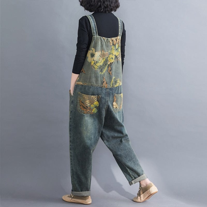 cambioprcaribe Overall Floral Printed Denim Loose Overall