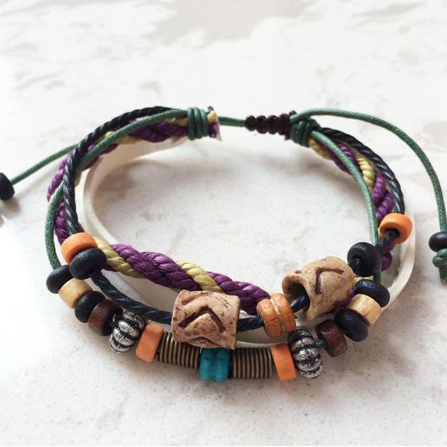 cambioprcaribe Purple Rope Wood Beads Leather Bracelet