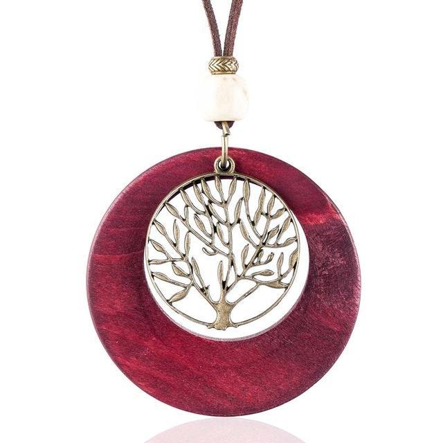 cambioprcaribe Red Life Tree Geometric Wooden Pendant Necklace