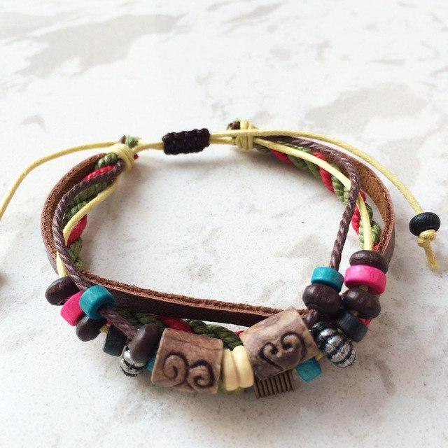 cambioprcaribe Red Rope Wood Beads Leather Bracelet