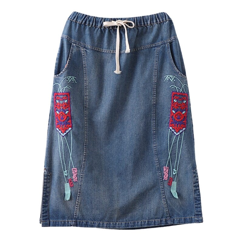 cambioprcaribe Skirts Embroidered Vintage Denim Skirt